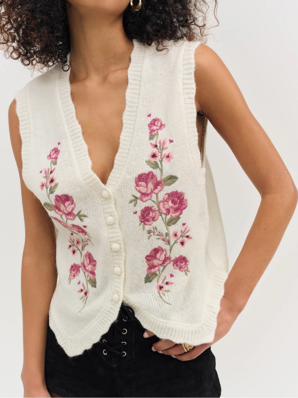 For Love & Lemons Molly Embroidered Sweater Vest Cream Pink Medium NWT